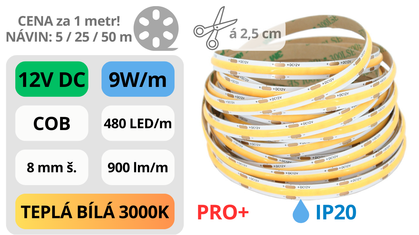 LED pásek COB 12V / 480LED / 9W / 3000K / IP20 / 8mm / PRO+